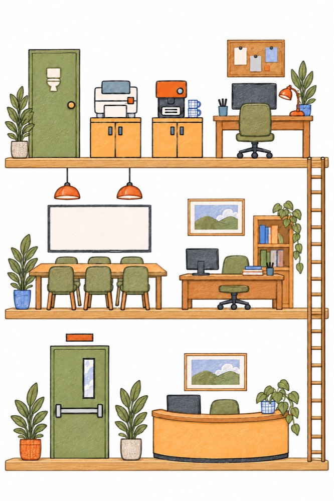 An illustrated three-storey office: reception and the front door downstairs, a meeting table and private office in the middle, the printer, coffee station and workstation on top.